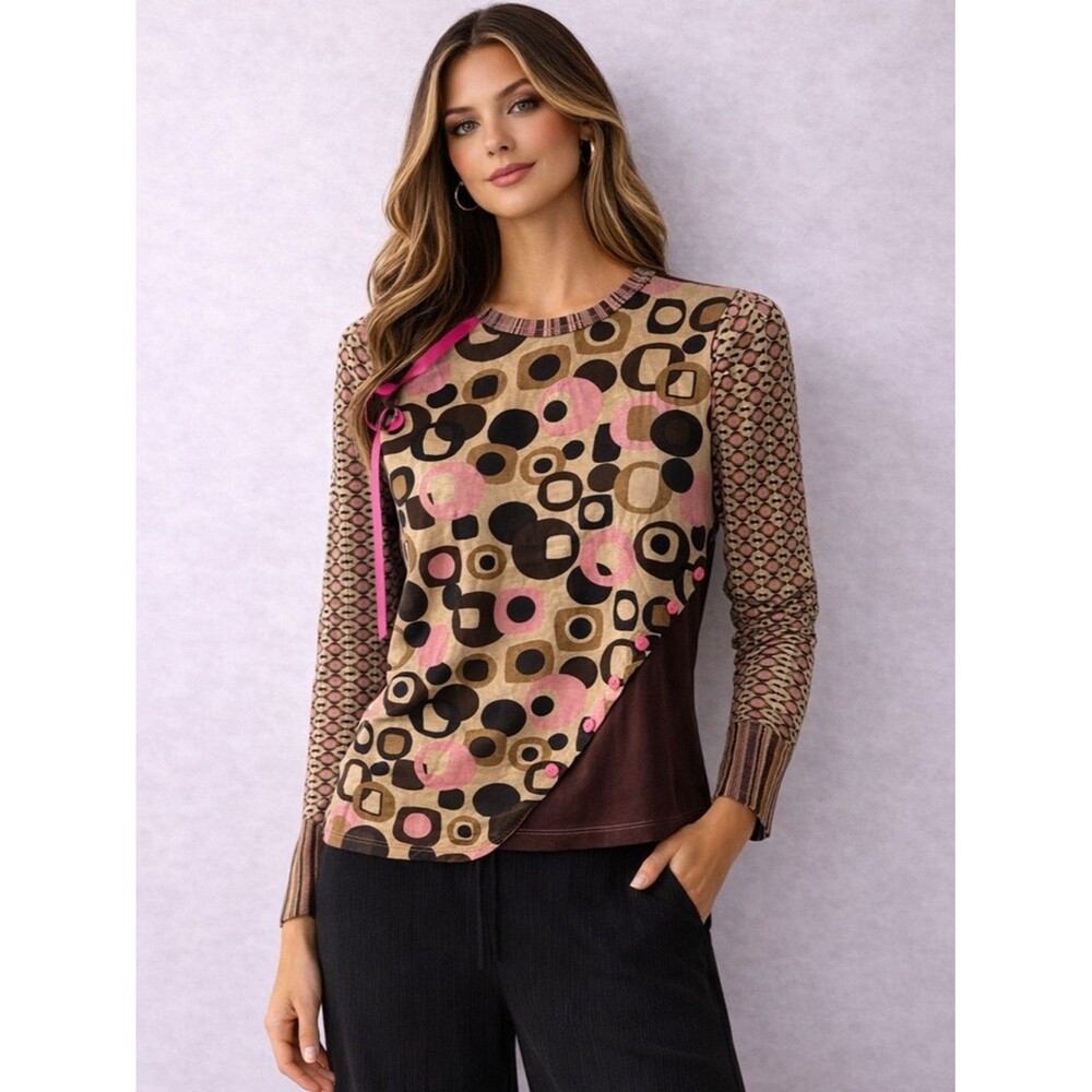Unique Retro Patchwork Top Geometric Print Pink Brown Statement Blouse